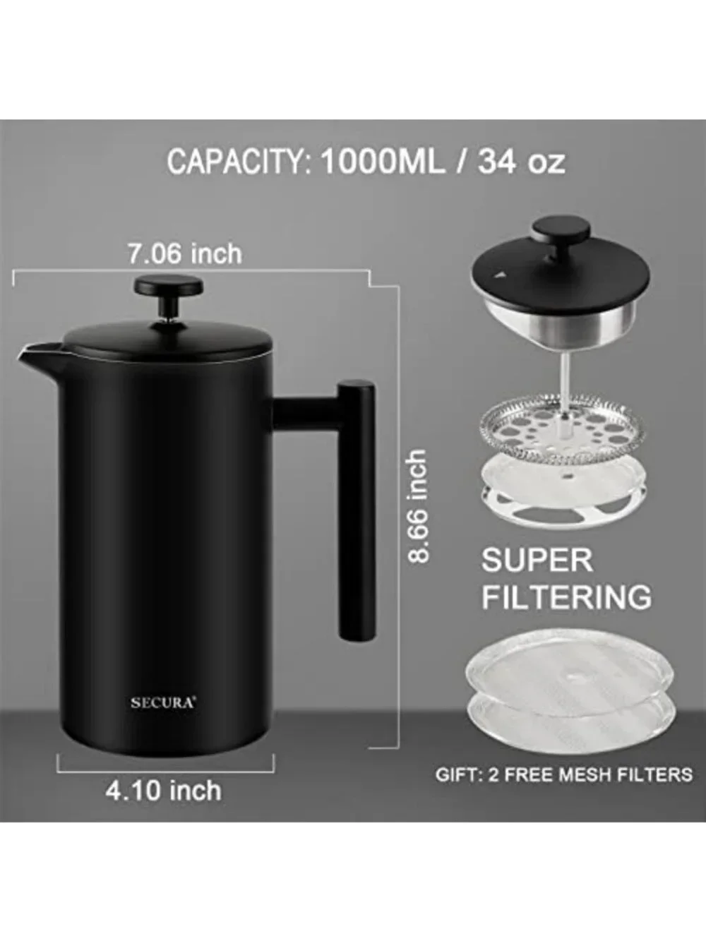 Insulated French Press Coffee Maker - 34oz Stainless Steel, 2 Extra Screens